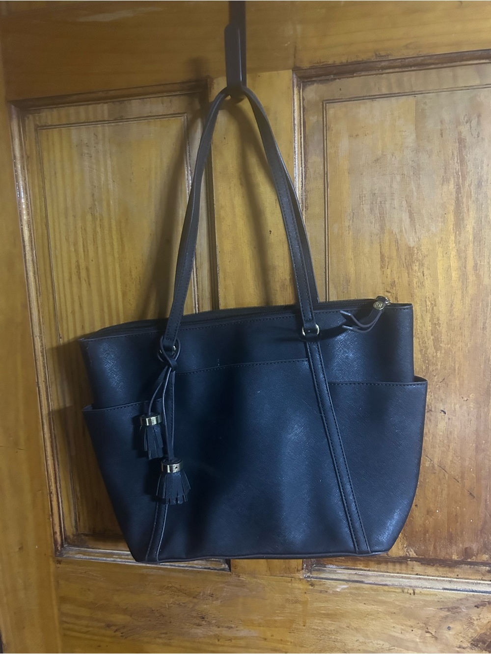 Liz Claiborne Classic Black Tote Bag with Tassel Accent